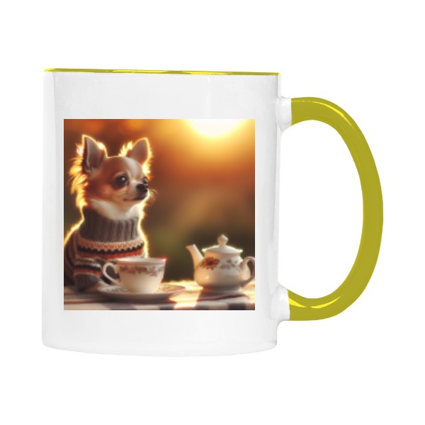 Hrnek malý barevný s potiskem Ranní čaj s čivavou