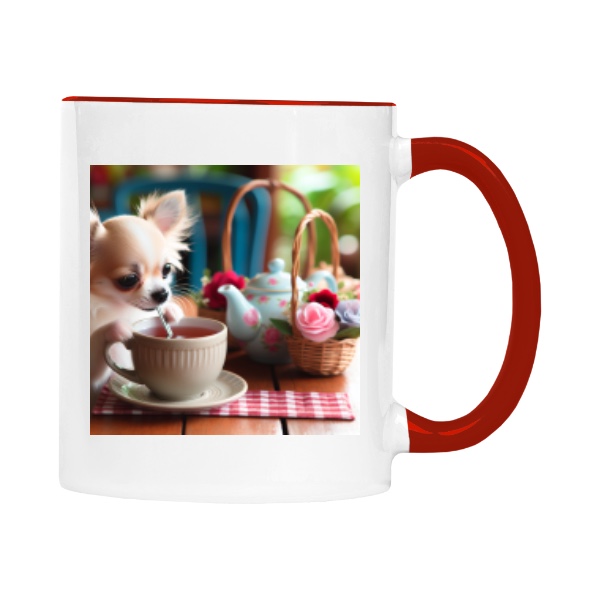 Hrnek malý barevný s potiskem Ranní čaj s čivavou